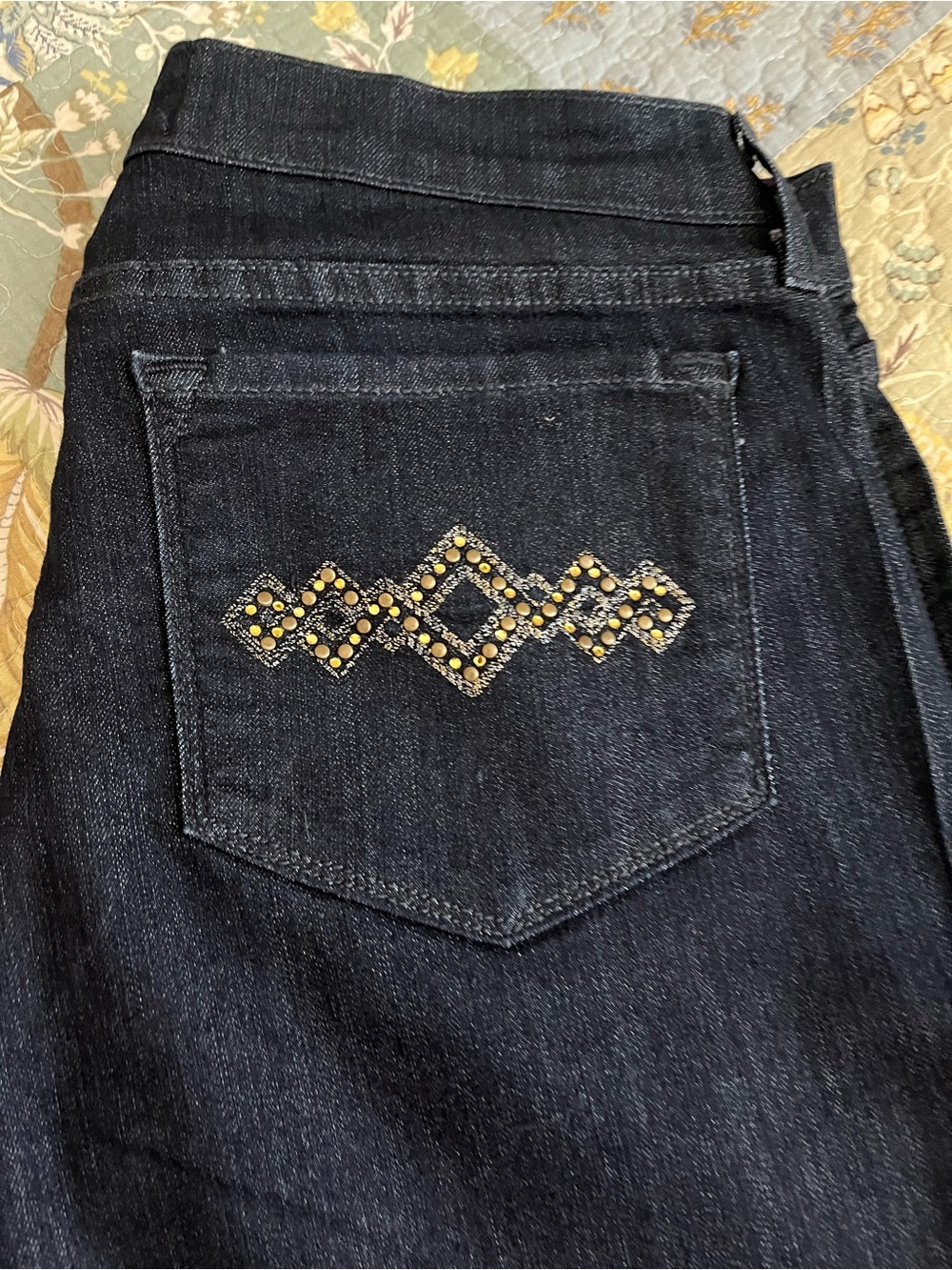 NYDJ Dark Wash Jeans with Studded Pocket Accents.